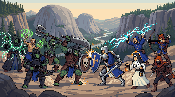 The Crusaders clash with the Orcs in a mighty battle